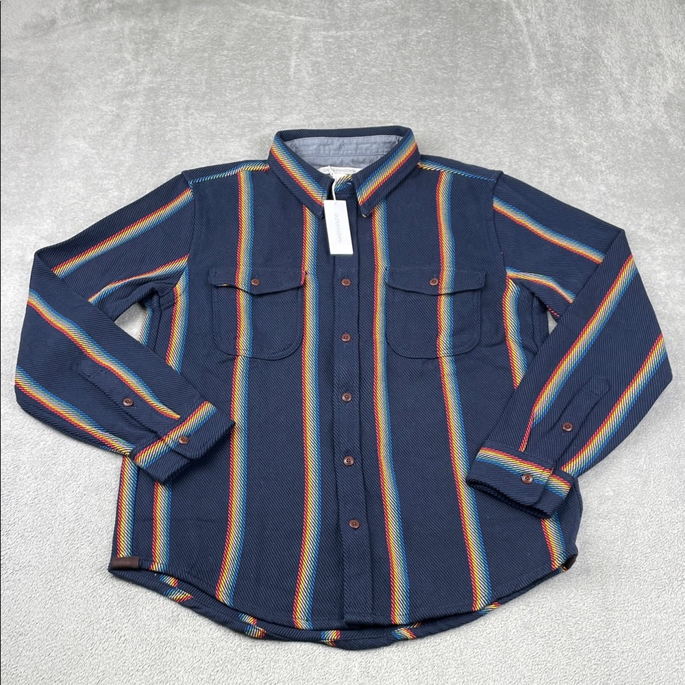 NEW Outerknown L Men's 100% Organic Cotton Navy Multicolor Striped Blanket Shirt